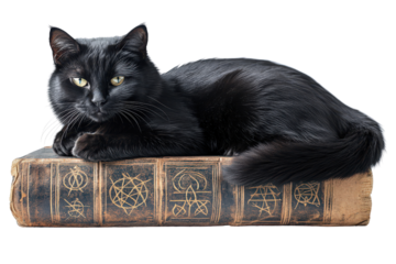 A serene black cat resting on an ancient book, exuding mystery and charm, perfect for themed designs or artistic projects.