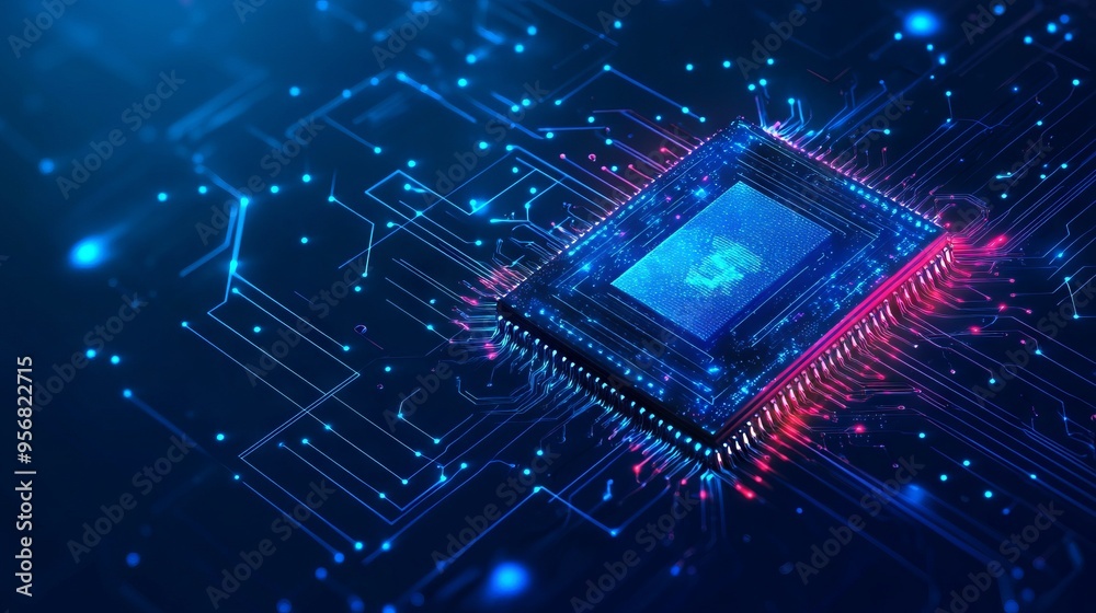Poster ai chip and abstract digital atom icon on technology background. science tech bg. circuit light line