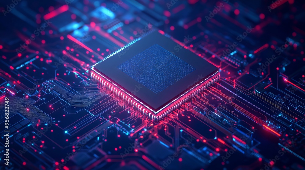 Poster ai chip and abstract digital atom icon on technology background. science tech bg. circuit light line