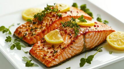 Close-up of a garnished salmon dish with herbs and lemon slices on a white plate, against a plain white background, focusing on the presentation. --
