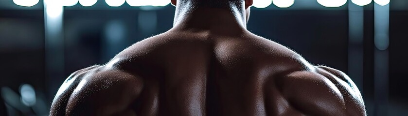 Fototapeta premium Close-up view of a muscular man's back showcasing strength and athleticism in a modern gym setting.