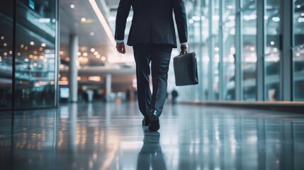 Fototapeta premium A businessman walks through a modern office space, carrying a briefcase, symbolizing professionalism and purpose.