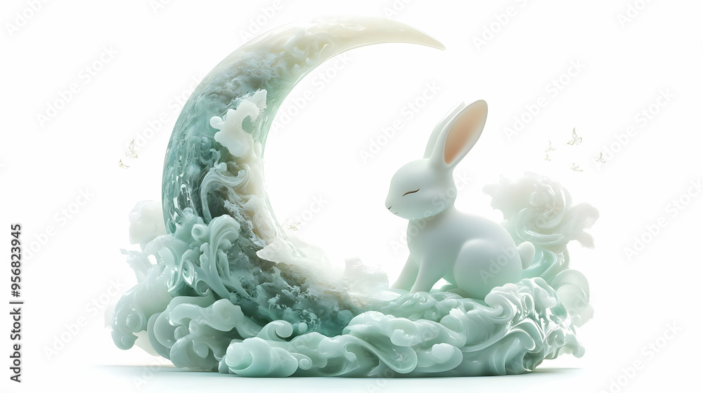 Wall mural 3d jade rabbit and moon with mid autumn festival greeting concept as a vector illustration of the ja