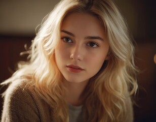 Naklejka premium A Blonde Woman With Long Wavy Hair Looks Away From The Camera. Generative AI