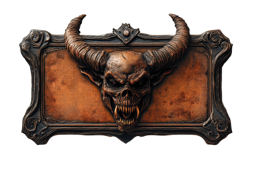 A detailed and menacing skull with horns, set in an ornate frame, perfect for horror or fantasy themed projects.