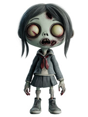 3D cartoon character of a zombie schoolgirl with pigtails and a backpack on a white background. Halloween-themed digital illustration. Design for greeting card, poster, or invitation, PNG format.