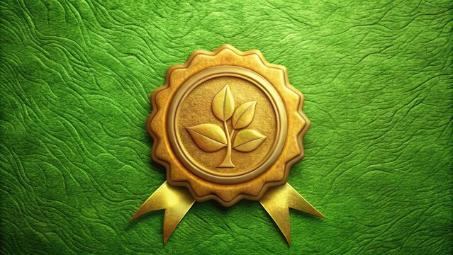 A lush green background featuring a stylized, embossed certificate with a golden seal, symbolizing environmental responsibility and sustainability, on a natural, textured surface.