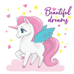 Cute lovely pink vector unicorn on a cloud