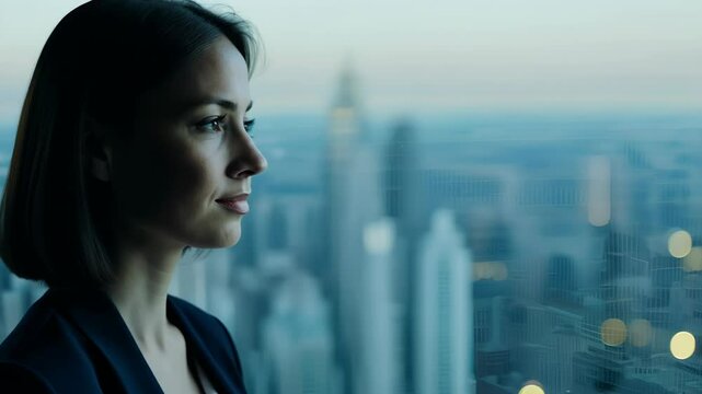 Businesswoman gazing out over city skyline at sunrise, reflecting on urban future, 4k video