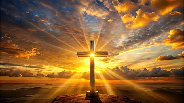 A majestic, radiant golden cross stands tall amidst a vivid sunset background, casting a warm, peaceful glow, evoking feelings of hope and spiritual guidance.