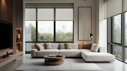 Photograph of a cozy and minimalist modern living room with a large plush sectional sofa creating a comfortable and elegant atmosphere for relaxation and entertaining