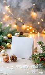 Elegant Christmas card mockup with warm lighting. pine branches. ornaments and snowflakes. perfect for showcasing your holiday designs.