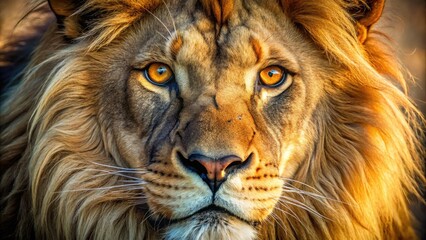 A majestic lion's piercing golden eye, surrounded by a shaggy mane, gazes intensely into the distance, evoking power, courage, and wild savannah beauty.