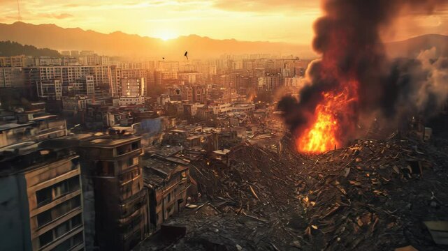 A city in ruins engulfed by flames