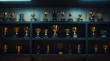 A wall of trophies on black shelves under dim lighting.