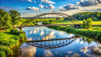 Fototapeta premium A majestic steel arch bridge spans the calm waters of the Cedar River, surrounded by lush greenery and rustic farmland in rural Iowa landscape.