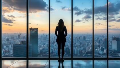 Fototapeta premium A silhouette of a woman gazes out over a city skyline at sunset, reflecting contemplation and ambition.