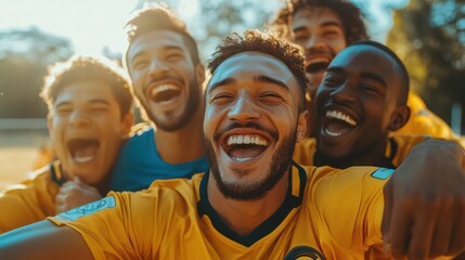 A group of amateur soccer players from different backgrounds celebrates a goal on a dusty field, capturing a moment of pure joy, teamwork, and determination