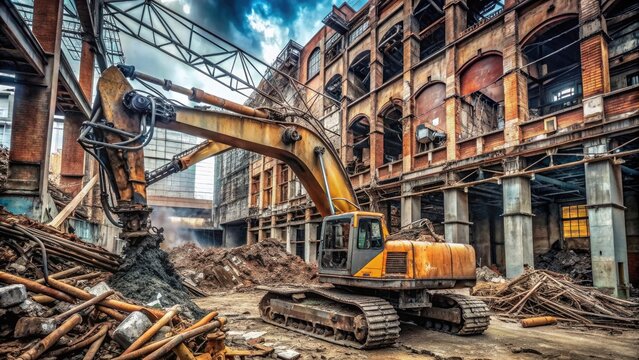 A massive excavator claws at the crumbling facade of a abandoned factory, amidst a tangled mess of rusting pipes, wires, and twisted metal debris.