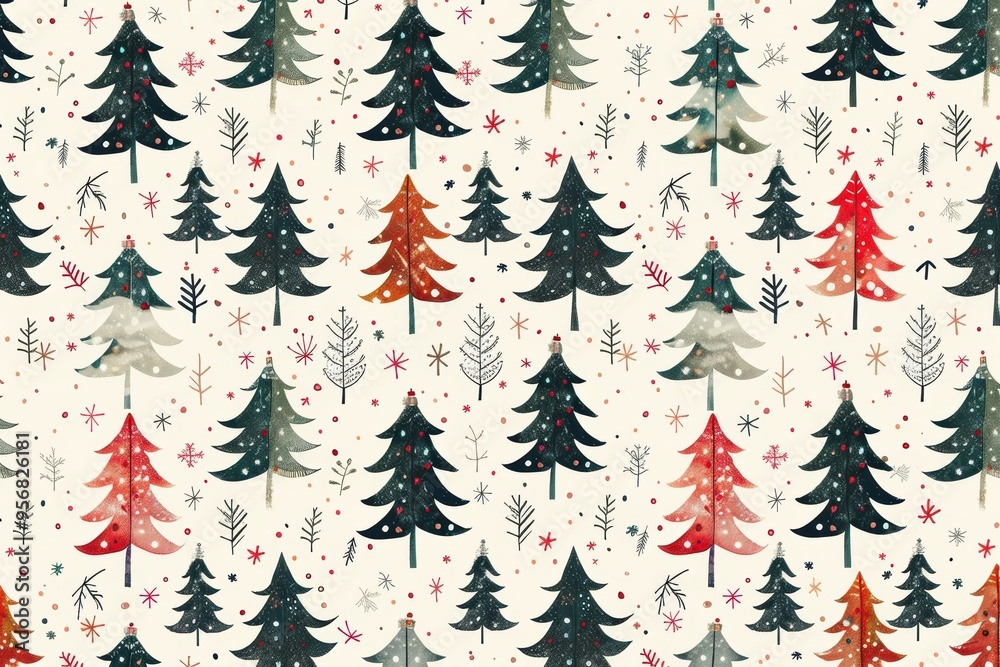 Wall mural Patterned wallpaper with Christmas trees ideal for creating a festive atmosphere..