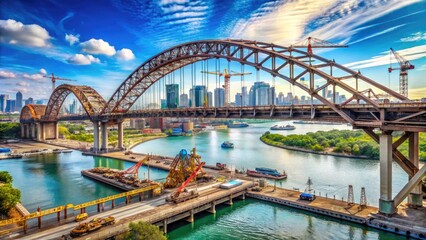 Fototapeta premium A massive steel arch bridge under construction spans a serene blue-water river, surrounded by excavators, cranes, and scaffolding amidst a scenic urban cityscape backdrop.