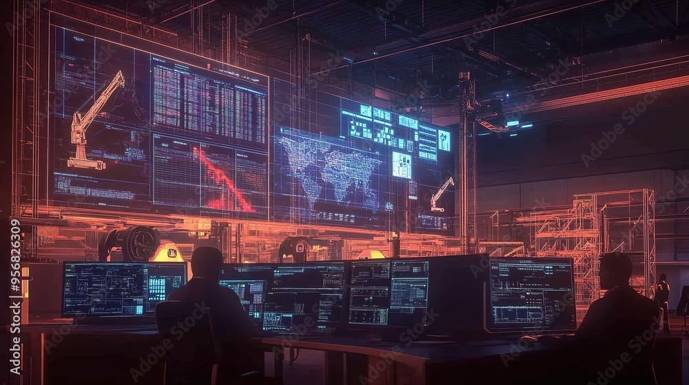 Poster high-tech control room with multiple monitors displaying data analysis, robotics, and global communi