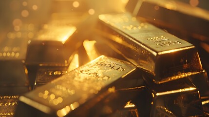 Close-up of Shiny Gold Bars with Blurred Background
