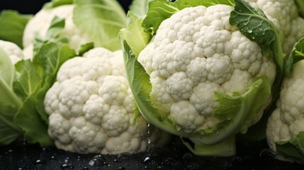 Pile of fresh cauiflower with glistening droplets of water. Advertising photography. Neural network ai generated art