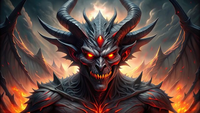 A menacing, horned demon with glowing red eyes and sharp teeth emerges from swirling darkness, its shadowy wings unfolding behind it in a dramatic pose.