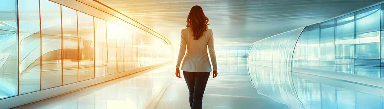 Businesswoman in a glossy flexible workspace setting concept as Camera movement Zoom into the businesswoman interacting with digital tools. Scene A polished and sophisticated workspace with glossy sur