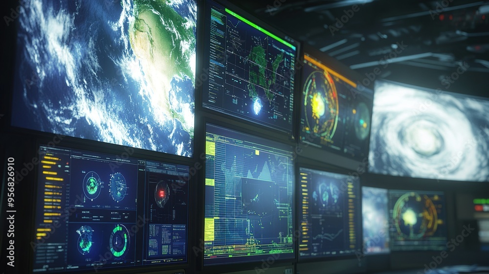 Poster control room with multiple monitors displaying satellite imagery and weather patterns in a high-tech