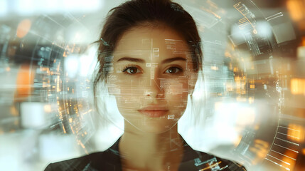 Naklejka premium Businesswoman in a glossy flexible workspace setting concept as Camera movement Zoom into the businesswoman interacting with digital tools. Scene A polished and sophisticated workspace with glossy sur