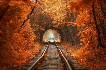 Naklejka premium Autumn Forest with Old Railway Tracks in a Tunnel of Love, AI generated illustration