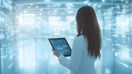 Fototapeta premium Businesswoman working on a glossy tablet in a flexible workspace concept as Camera movement Zoom into the tablet screen showcasing business analytics. Scene A modern workspace with glossy surfaces and