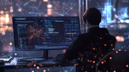 Obraz premium A programmer analyzes complex data on multiple screens in a high-tech workspace at night with a city skyline in the background