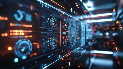 Fototapeta premium Futuristic digital interface with glowing data visualizations in a high-tech environment at night