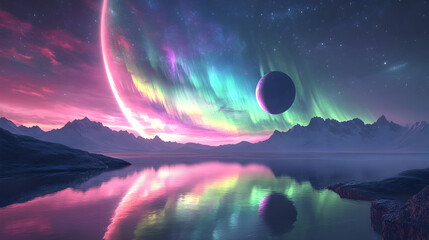 A vibrant, glowing aurora covering the entire sky of a distant planet, with a moon reflecting the colors below.


