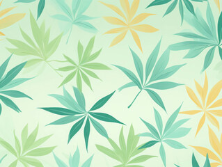 Tropical Leaf Pattern: A vibrant and refreshing seamless pattern featuring stylized green and yellow leaves on a light green background, perfect for adding a touch of nature and tropical vibes to any 