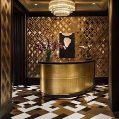Obraz premium Elegant and Sophisticated Art Deco Inspired Reception Area Featuring Geometric Patterns Luxurious Gold Accents and a Timeless Vintage Inspired Aesthetic