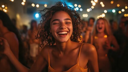 A group of college students dancing at a house party, the energy high and the room filled with laughter and upbeat music.