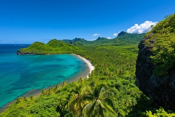 Obraz premium Island scenery, lush greenery, towering palms invite adventure and exploration