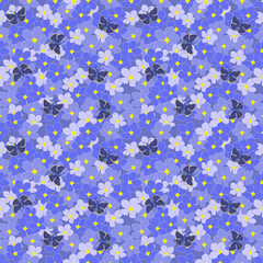 Butterflies in a Sea of Blue Flowers A Harmonious Dance of Nature seamless pattern vector illustration for wallpaper, textiles, fabric and designer packaging.