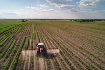 Obraz premium Aerial View of Tractor Spraying Crops in Field