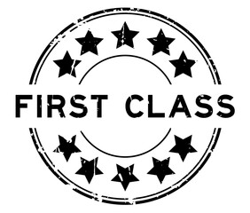 Grunge black first class word with star icon round rubber seal stamp on white background