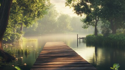 A serene riverside scene with a wooden dock extending into still waters, surrounded by lush green trees.