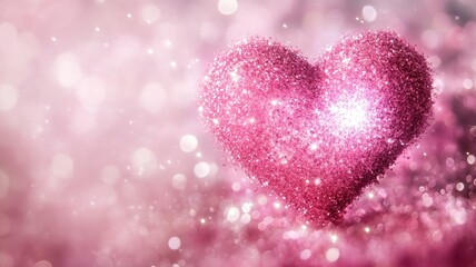 Obraz premium A pink glittery heart surrounded by sparkling bokeh effects on a soft, dreamy pink background.