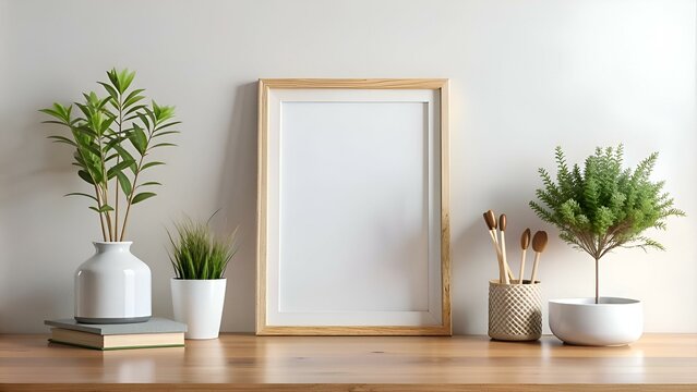 A minimalist mockup featuring a blank frame. plants. and wooden accents. - Powered by Adobe