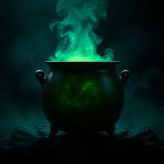 Cauldron with green glowing potion isolated on a dark foggy background, backgrounds for halloween, Ultra realistic, Photorealistic 