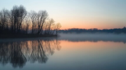 Fototapeta premium A calm, foggy morning by the lake, with silhouettes of trees reflected in the still water and a hint of dawn light.