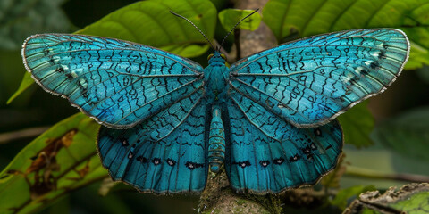 blue butterfly on leaf with green background 